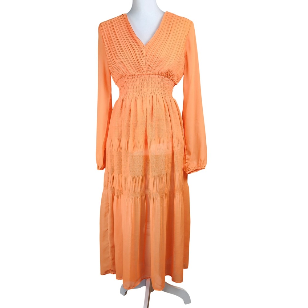 Steve Madden Nylah Orange Pleated Smocked Midi Dress Womens Small Colorful Boho